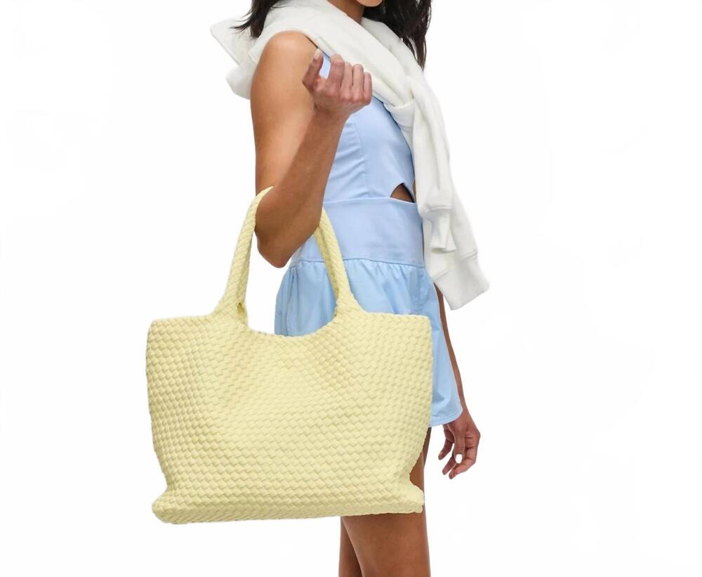 NEW SOL AND SELENE women's sky's the limit woven neoprene tote in butter